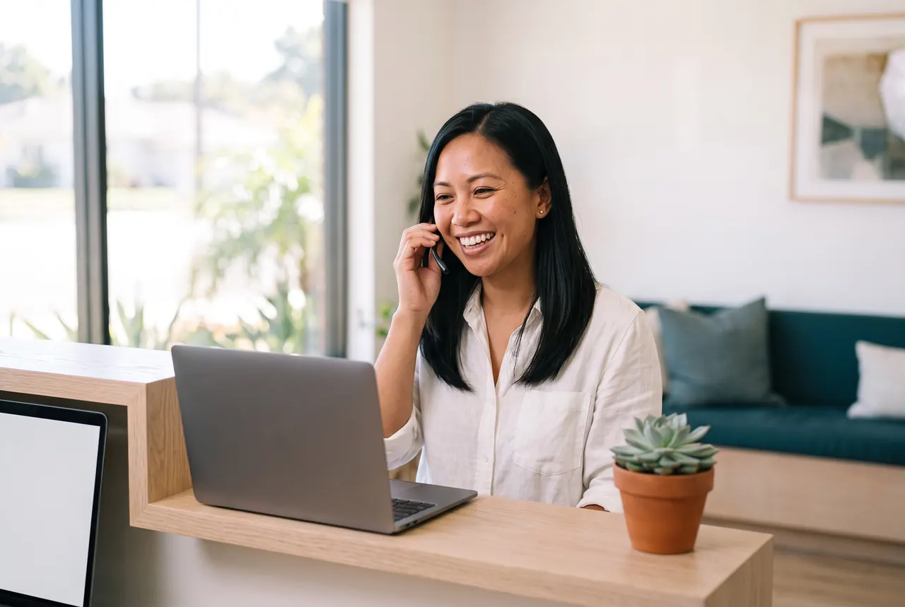 Maya Bautista on the phone at the front desk, smiling, a laptop in front of her