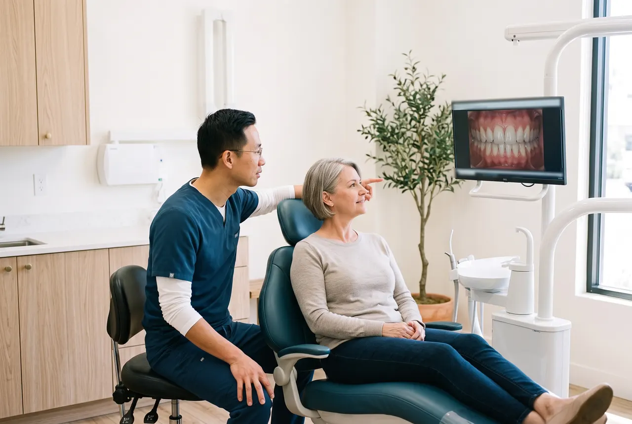 Dr. Kevin Tran showing a patient photos of her teeth on a screen next to the dental chair